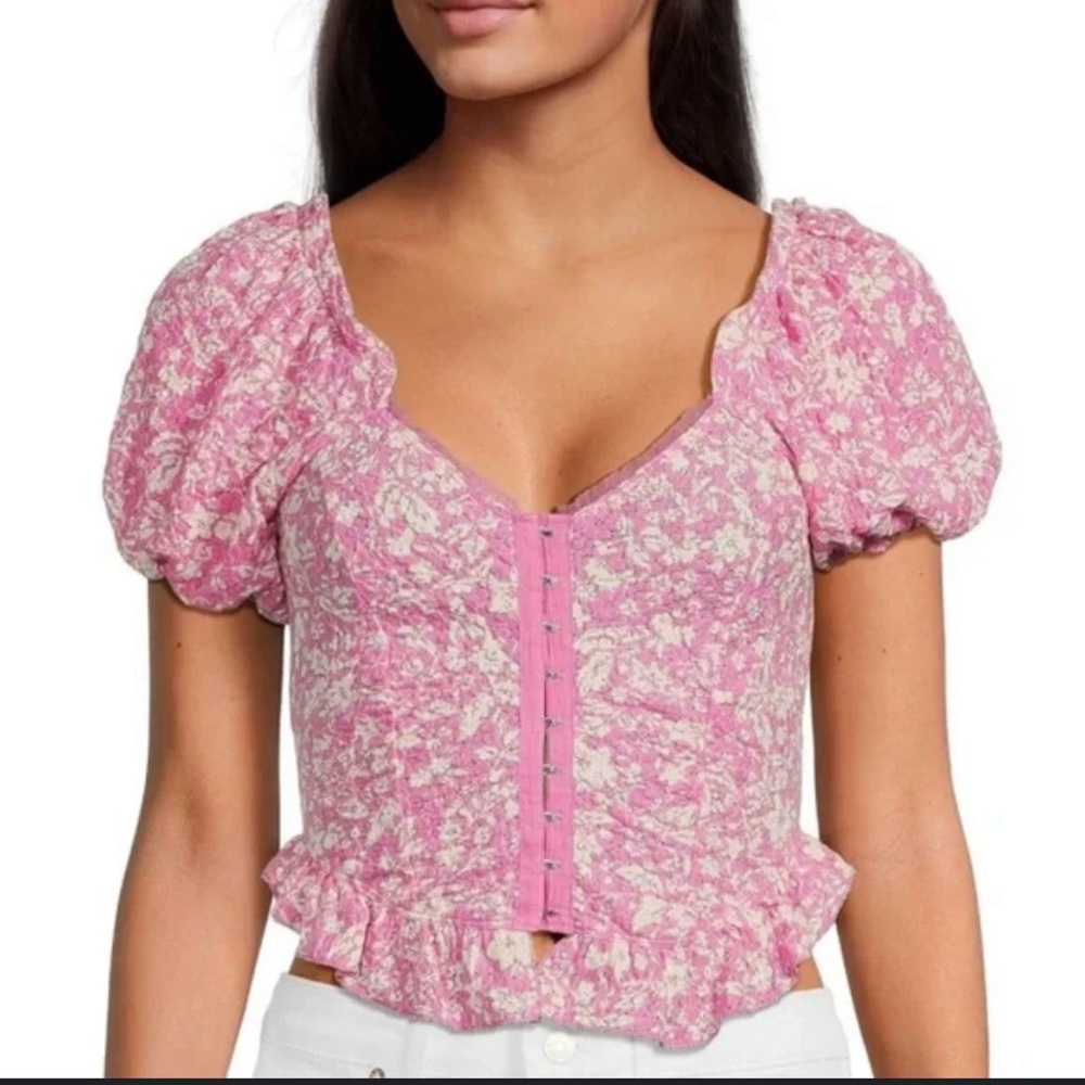 Free People Floral Pink Puff Sleeve Top